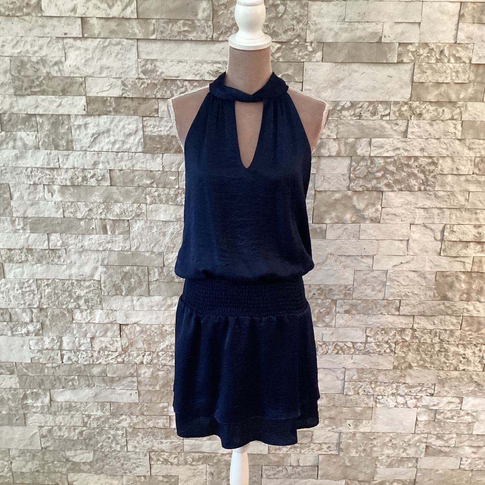 Veronica M Navy Silky Halter Mini Dress (NWT)